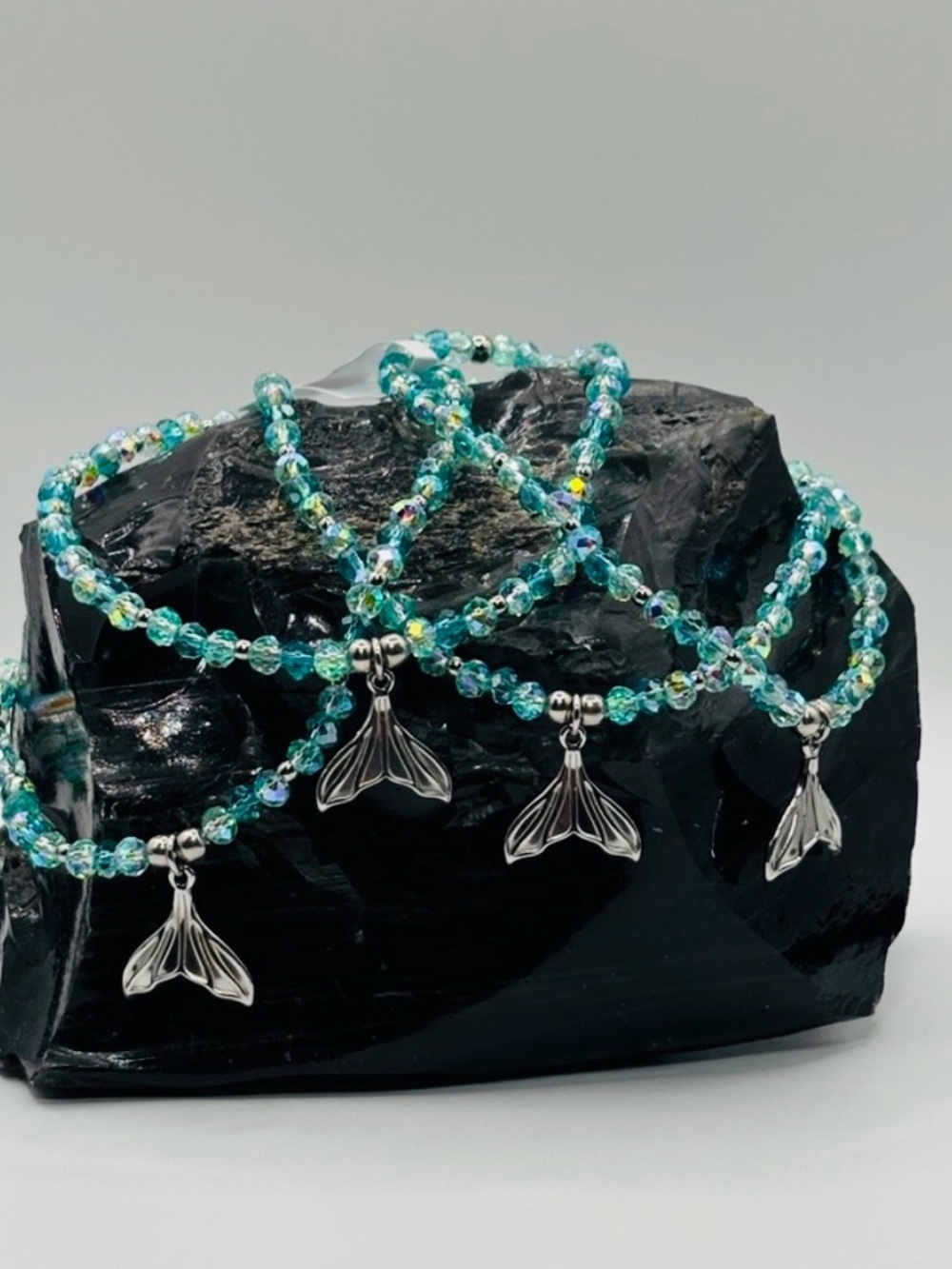 *ANKLET* Silver Mermaid Tail & AB Ocean Green Stretchy Anklet